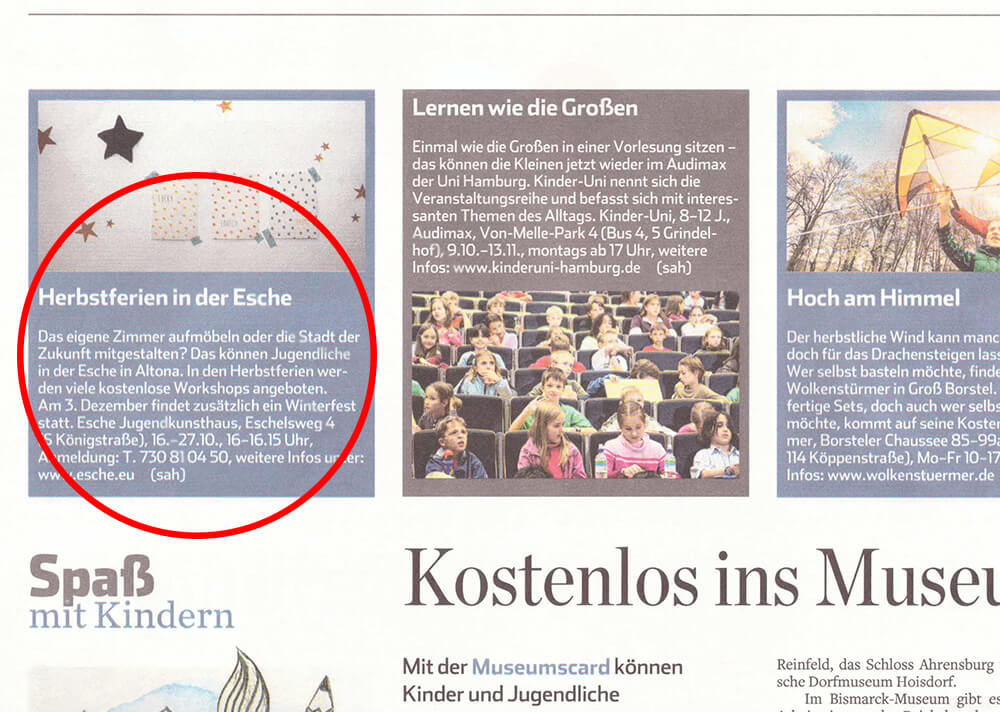 Hamburger Abendblatt Herbstferien 2017 Esche Jugendkunsthaus