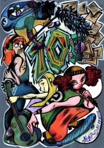 Ein buntes Bild aus dem Masterart-Kurs mit Characters, die sprühen, singen und Skateboard fahren.