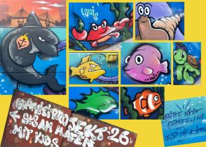 Detailbilder der vielen bunten Fische, die von den SchülerInnen in das Graffiti-Bild gemalt wurden.